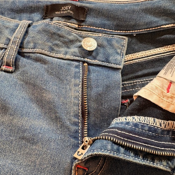 True Religion Joey Mid Rise Flare Jeans Blue Pink Contrast Stitching Size 28 - Picture 4 of 10